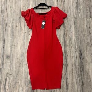 Off Shoulder Frill MIDI Bodycon Dess Red Size 6